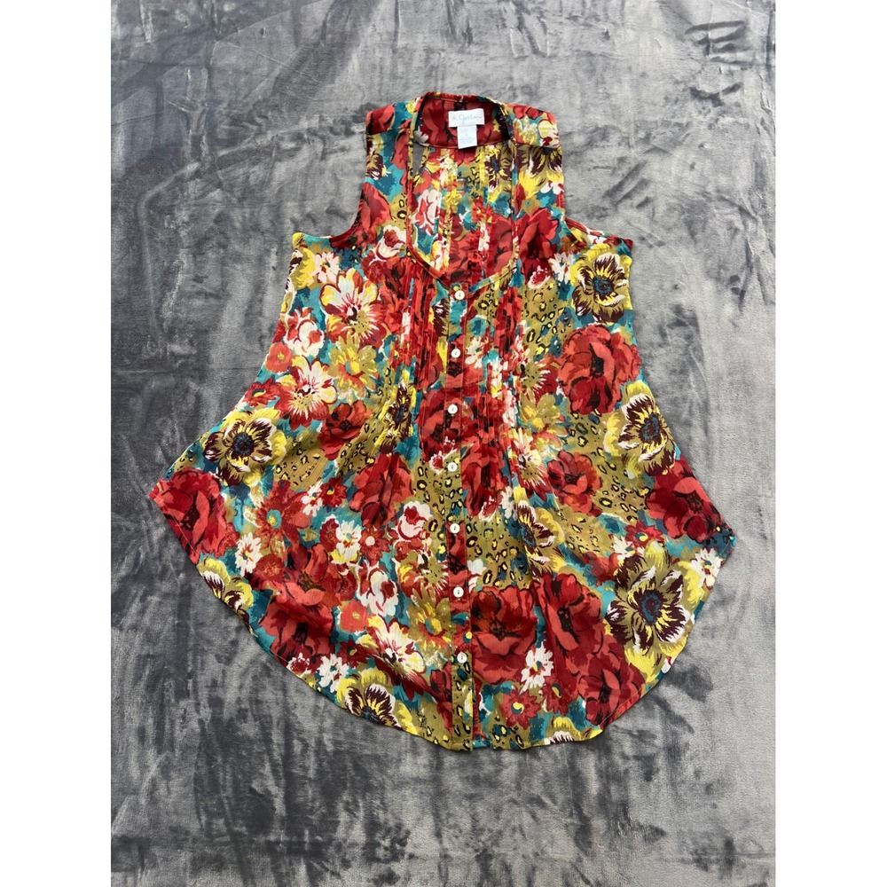 K. Jordan Floral Pintuck Blouse Womens Small Red Multi Sleeveless Boho Chiffon